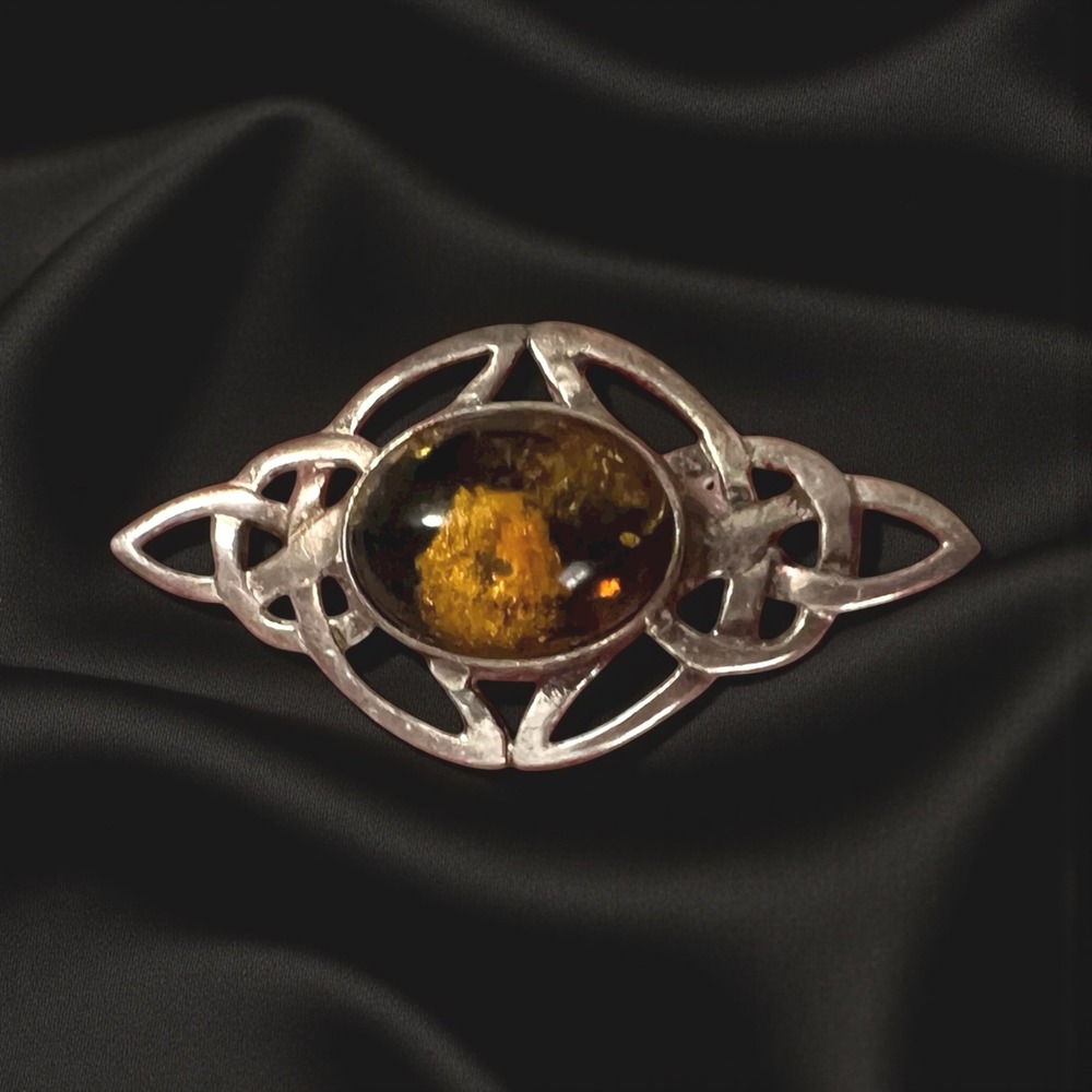 Vintage Sterling Silver Celtic Brooch with Baltic Amber Cabochon Art Nouveau